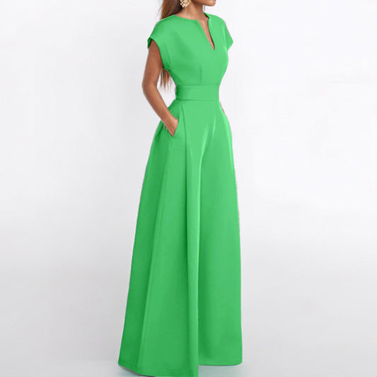 Women's V-Neck Solid Color Short Sleeve Jumpsuit Wide Leg A-Line Waist Tied Casual Summer Outfit