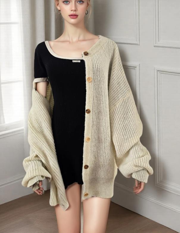 Women's Knitted Cardigan Sweater, Contrast Buttons, Chunky Knit, Gold Cuffs, Loose Long Sleeves, Spring Autumn Style