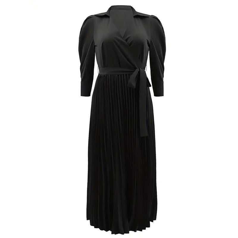 Women's Cross V-Neck Lapel Solid Color Long Sleeve Pleated Maxi Dress With Tie Waist Casual & Formal Dress For Spring & Fall