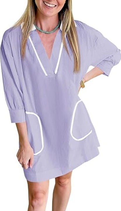 Saodimallsu Womens V Neck Swimsuit Coverup Sleeve Collar Color Block Oversized Cover Ups Mini Beach Dress With Pockets