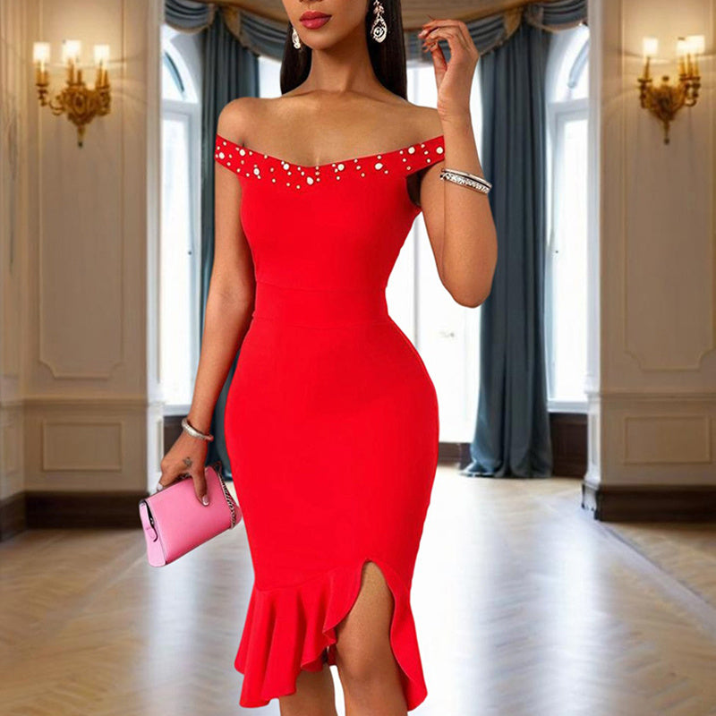 Women's Solid Color Beaded Off-Shoulder Bodycon Dress - Ruffle Hem & Slit Tight Midi Dress For Summer Parties