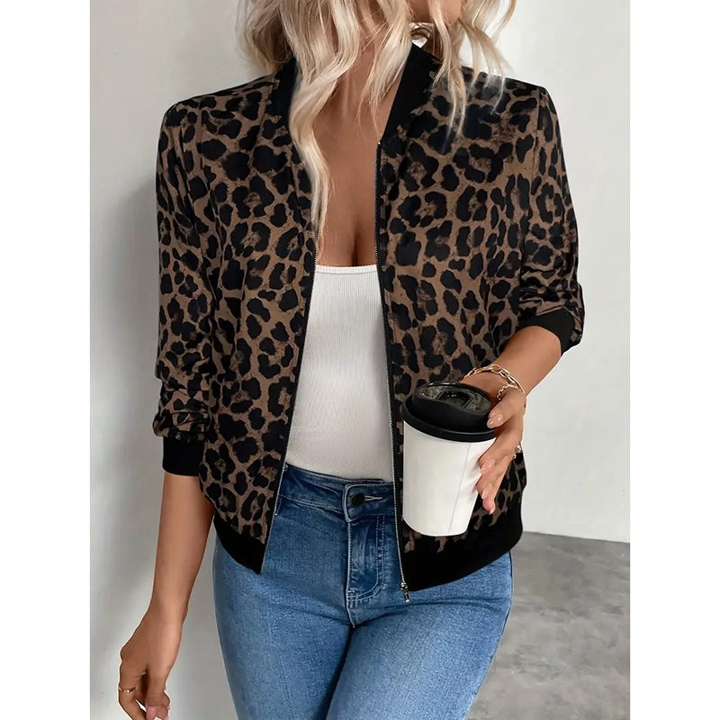 Women's Leopard Print Zip Up Lightweight Bomber Jacket Casual Long Sleeve Outerwear