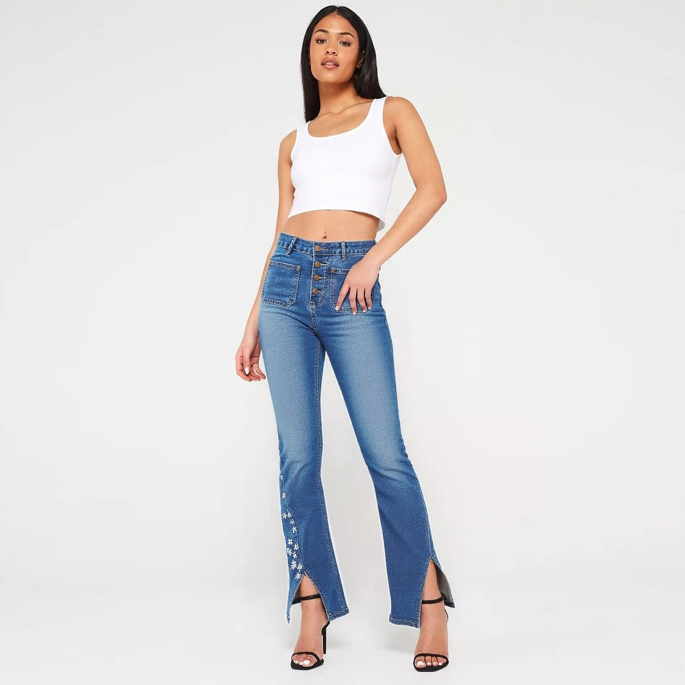 Women's High-Waist Star Patch Jeans, Wide-Leg Full-Length Jeans With A Retro Y2K Sta Light-Wash Denim For All Seasons
