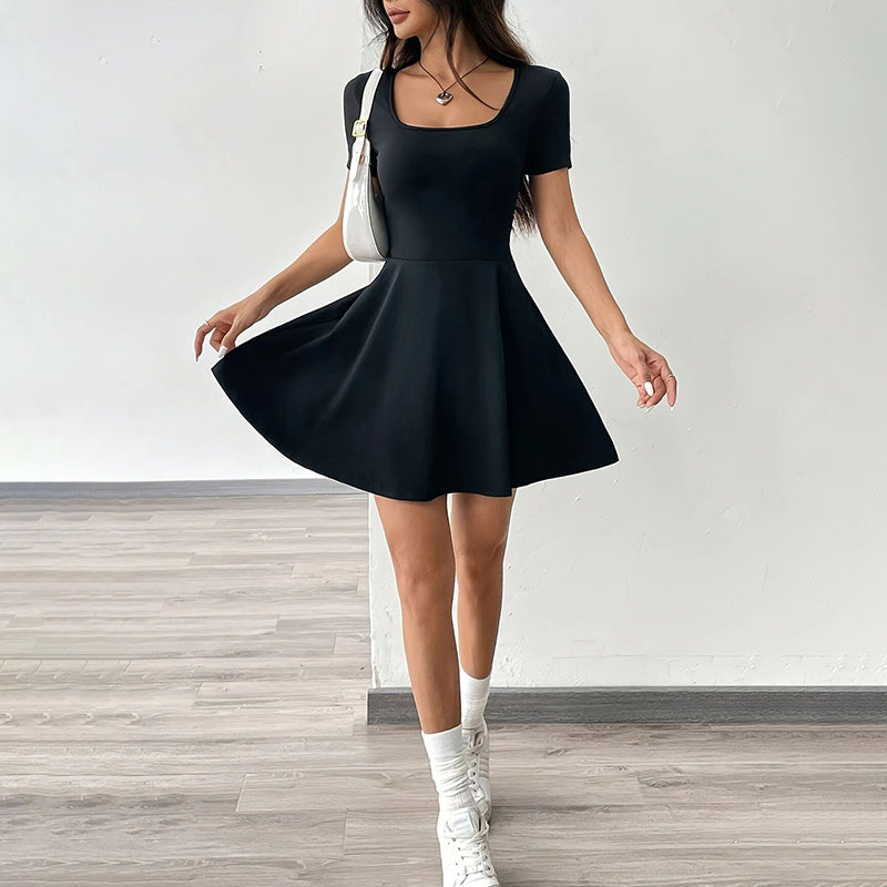 Women's Square Neck Short Sleeve Ruffle Hem A Line Flare Mini Basic Dress