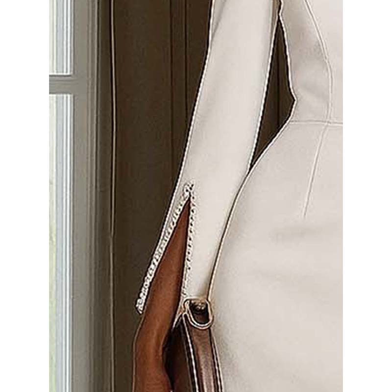 Women's Elegant Pearl Accent Bodycon Midi Dress With Sleeve Split & Back Zipper, Formal Cocktail Party Club Dress